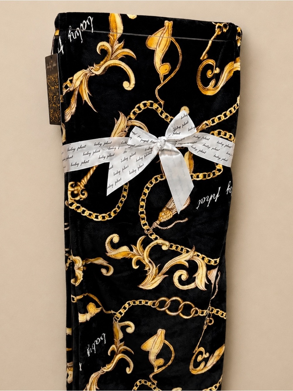 Baby Phat Black and Gold Chain Print Plush Throw Blanket